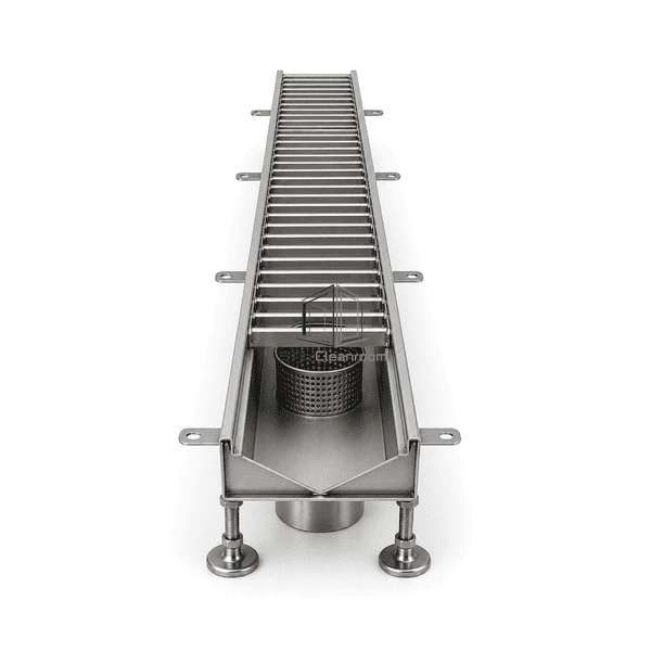 Food-grade stainless steel drain full front view showing channel width and removable grating