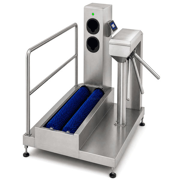 Food hygiene station interface view showing sole brushes, hand sensors and access turnstile
