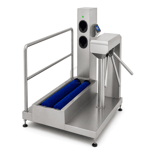 Food processing hygiene station side view showing brush basin, controls and guide rail