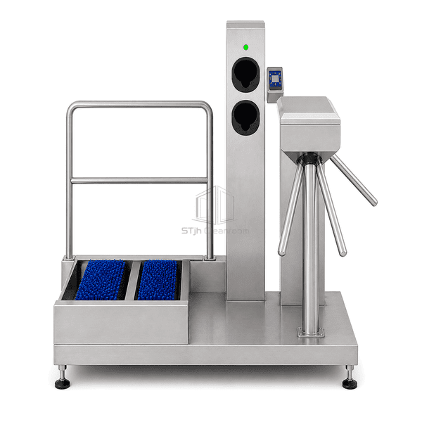 Food processing hygiene station front view showing twin brushes and two hand openings