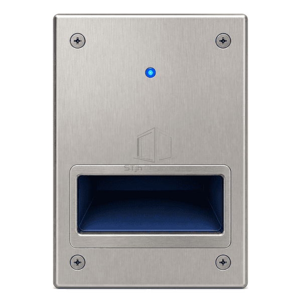 Front view of a stainless recessed foot activation switch