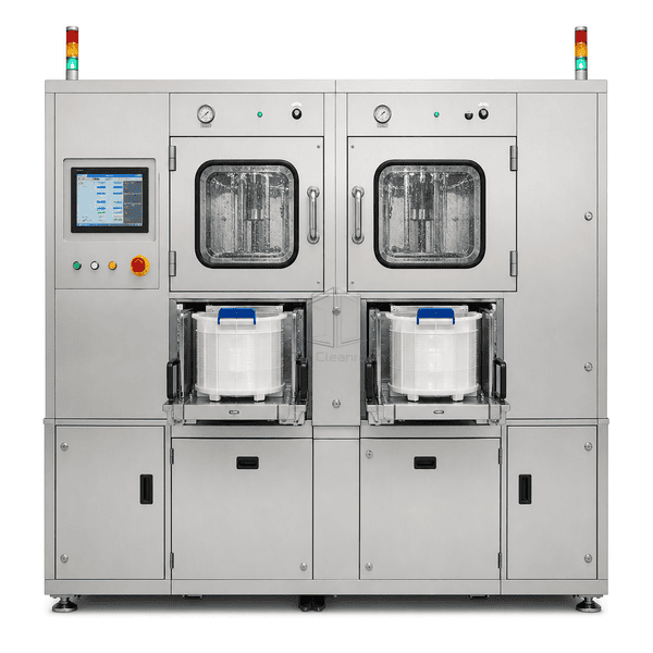 FOUP cleaning system full front elevation showing wash chambers and controls