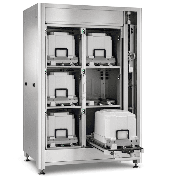 Complete FOUP storage cabinet with partly withdrawn pod and locating interface