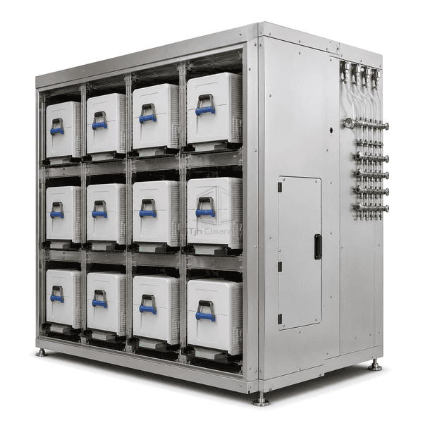 FOUP storage cabinet side view showing service panel and purge manifold