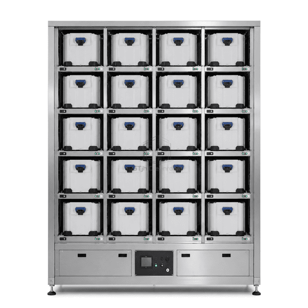 FOUP storage cabinet full front elevation showing indexed 300 mm FOUP bays