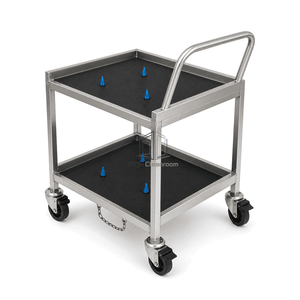 Empty FOUP cart in elevated rear-right view showing triangular locator sets