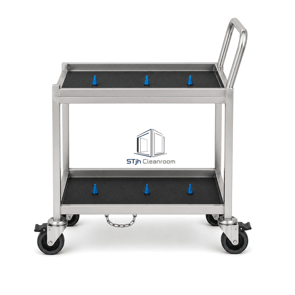 FOUP transport cart side elevation showing shelf mats handle and casters