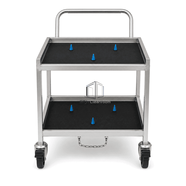FOUP cleanroom cart front view showing two ESD shelves and six locator pins