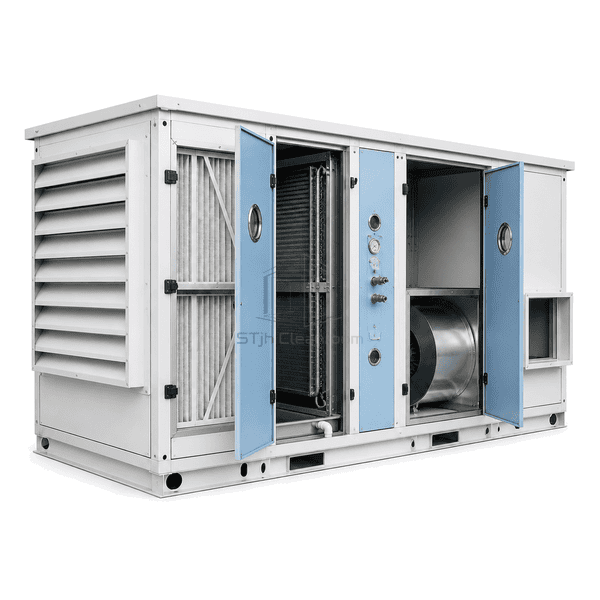 Open-panel view showing filters coil rotor and fan inside the fresh-air dehumidifier