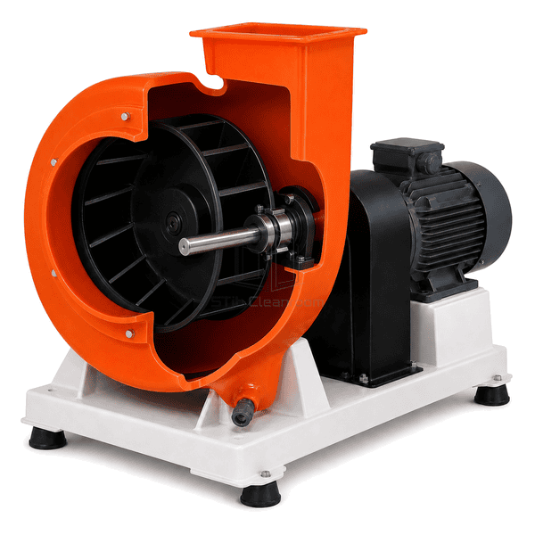 Cutaway view of FRP exhaust fan scroll impeller and isolated drive