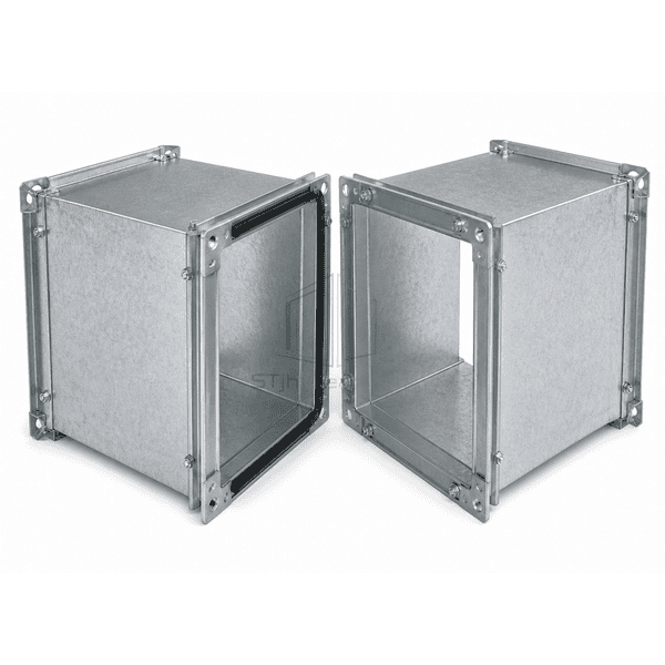 Close view of gasketed rectangular duct flange and reinforced corner