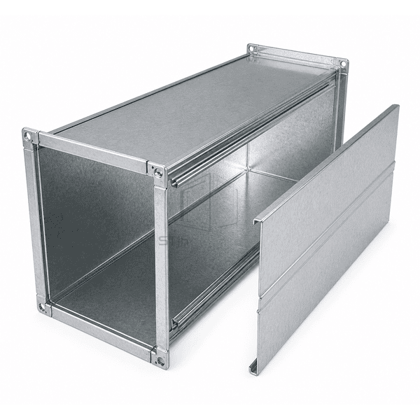 Side view showing galvanized sheet seams and transverse flange