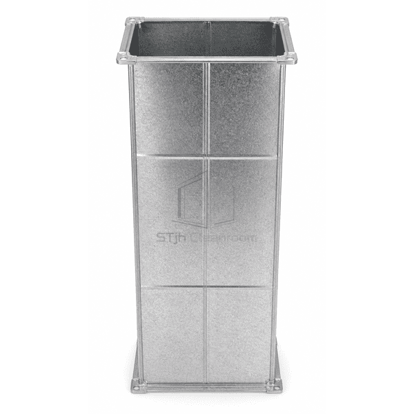 Upright front view of a complete galvanized rectangular duct section