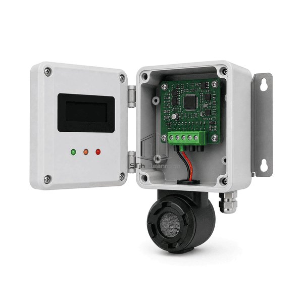 Rear interface view showing sensor input, alarm relays and communication terminals