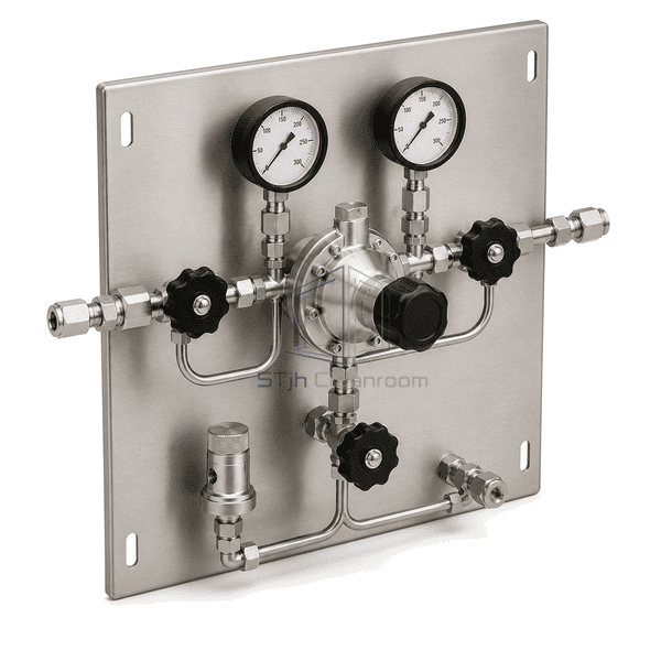 Complete gas control panel elevated rear view showing four mounting slots and the routed inlet, outlet, purge and captured vent connections