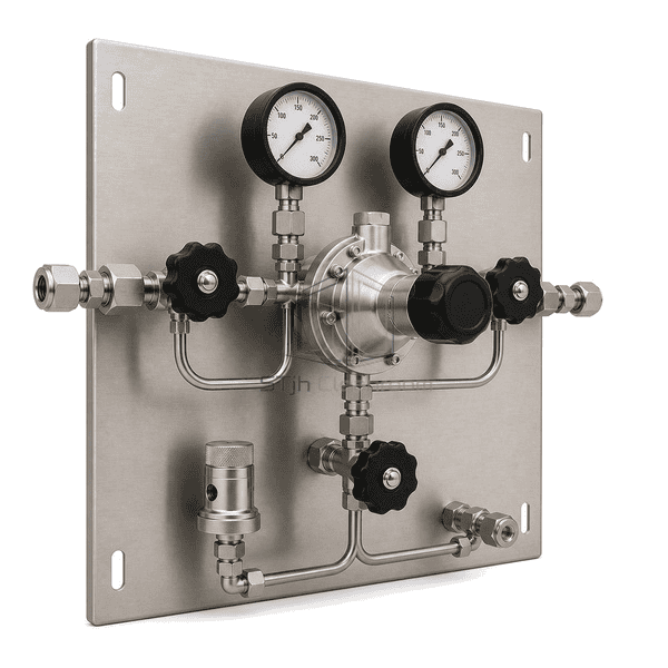 Complete gas control panel low interface view emphasizing the high-pressure inlet, purge valve, relief path and delivery connection