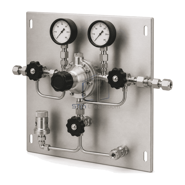 Complete gas control panel side profile showing regulator body depth, dual gauge stems and separated process and purge tubing
