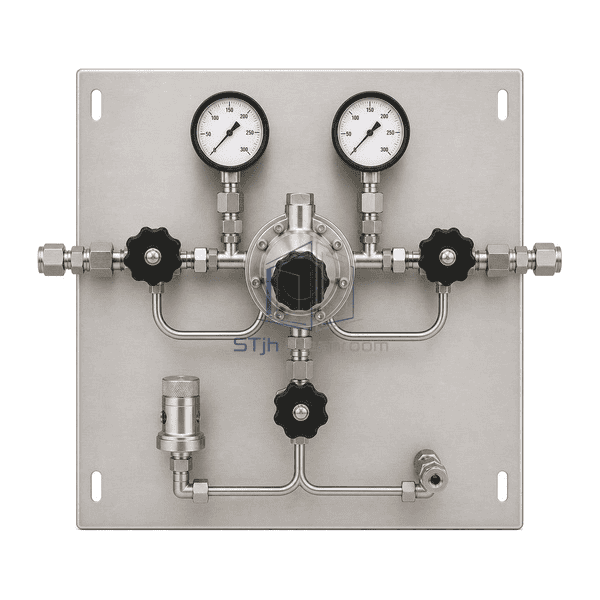 Gas control panel upright front view showing the single-source flow path, inlet and outlet gauges, regulator and manual valve layout
