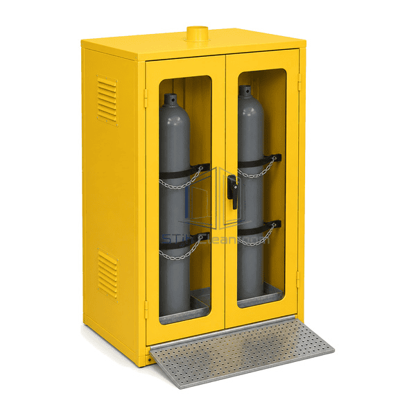 Gas cylinder cabinet elevated rear-left view showing the top exhaust collar, four side louvers and full cabinet depth