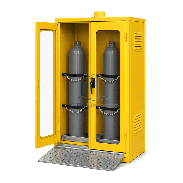 Complete gas cylinder cabinet low front-left view emphasizing the perforated ramp hinge, raised threshold and lower chain anchor