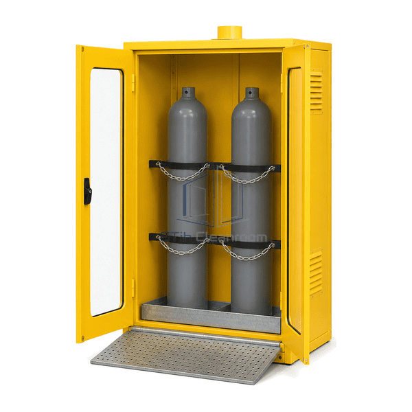 Complete gas cylinder cabinet right-side service view with both doors open, two restraint rails, four chains and loading ramp visible