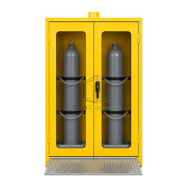 Gas cylinder cabinet upright front view showing two secured cylinders behind separate door windows and the central lock handle