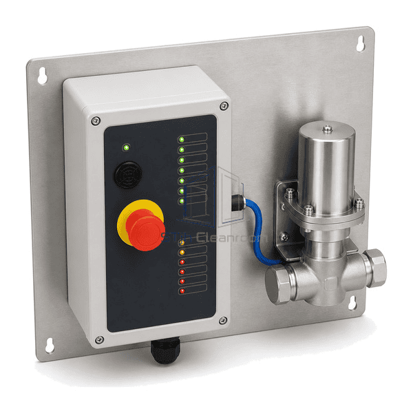 Gas emergency shut-off system complete elevated rear view revealing the mounting plate, cable entry and pneumatic routing