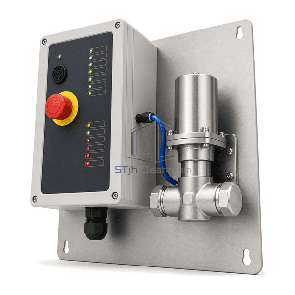 Gas emergency shut-off system complete low opposite-side view emphasizing the two process ports, pilot fitting and actuator interface