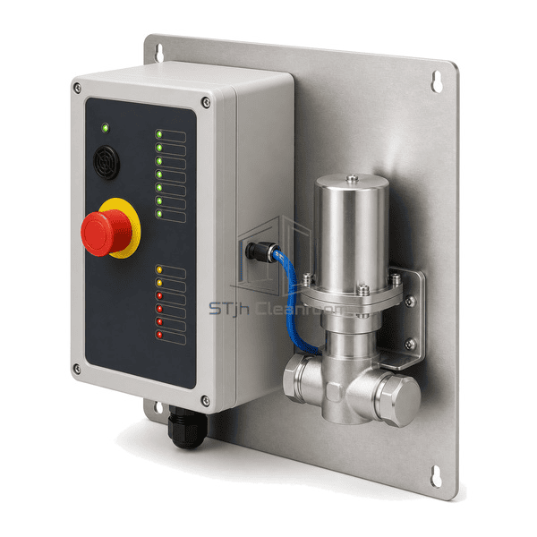 Gas emergency shut-off system complete side view emphasizing controller depth and the pneumatic valve actuator
