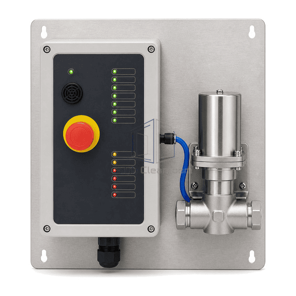 Gas emergency shut-off system complete upright front view showing separate input and output indicators and the fail-closed valve
