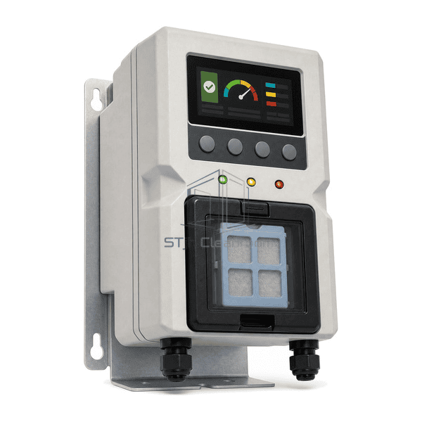 Gas leak detection system complete low front view emphasizing the separate sample inlet, exhaust outlet and cartridge interface