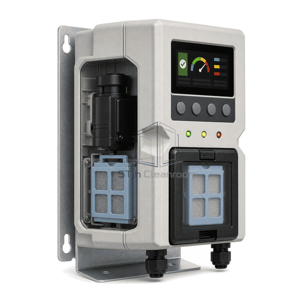 Gas leak detection system complete side cutaway revealing one extractive pump and one four-cell sensor cartridge inside the enclosure