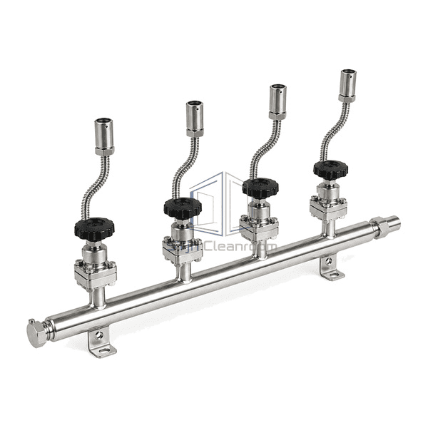 Complete gas manifold elevated rear-left view showing the continuous header tube, four branch junctions and two mounting brackets
