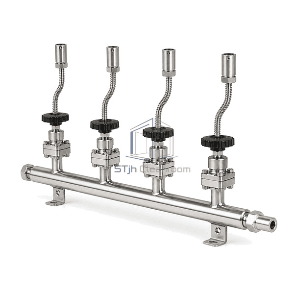 Complete gas manifold right-side service view emphasizing pigtail depth, diaphragm valve bodies, wall brackets and common outlet