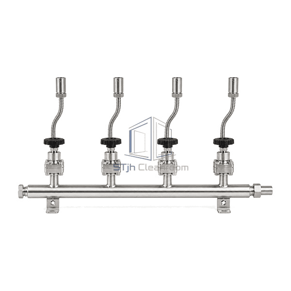 Gas manifold straight front view showing four evenly spaced cylinder inlets, four black valve handwheels and the full stainless header