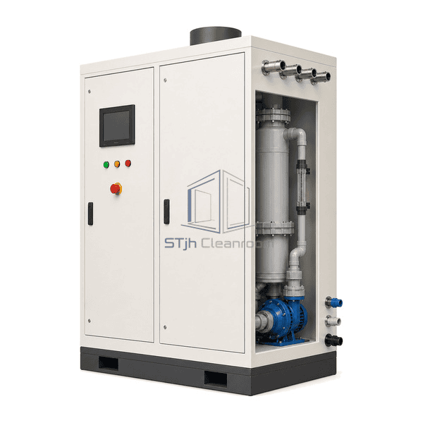 Gas scrubber complete low opposite-side view emphasizing the four heated gas inlets and water, drain and nitrogen interfaces