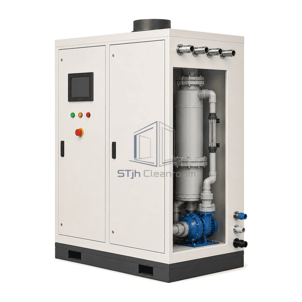 Gas scrubber complete right-side service view emphasizing the single PP wash tower, blue magnetic-drive pump and level tube