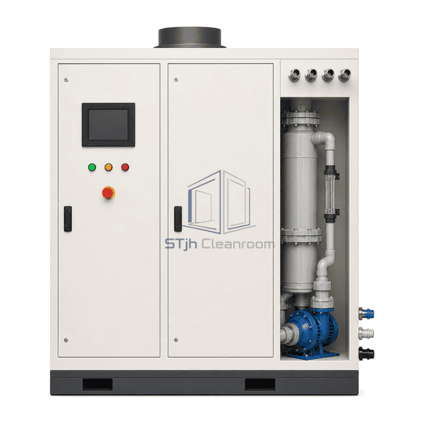 Gas scrubber complete upright front view showing two service doors, HMI, three status lamps, E-stop and wash-water loop