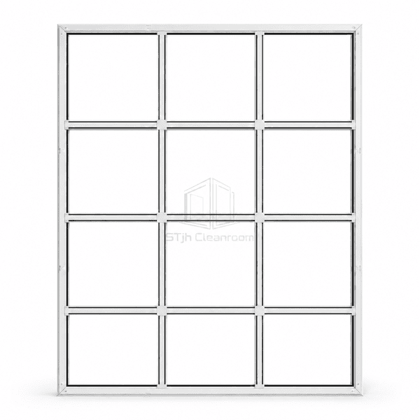 Room-side view of the white exposed cleanroom grid and sealed modules