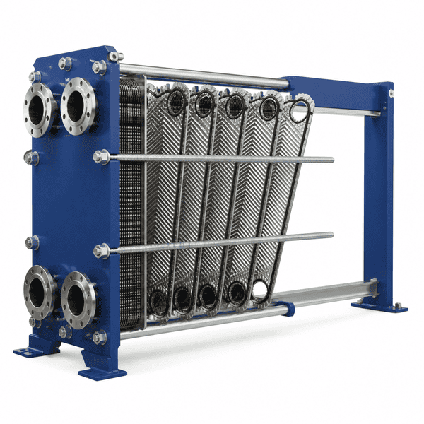 Plate heat exchanger opened to display individual corrugated plates