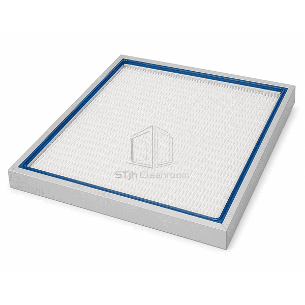 Reverse low-angle sealing-side view of the complete HEPA panel with continuous blue gel trough and mitered corner joints
