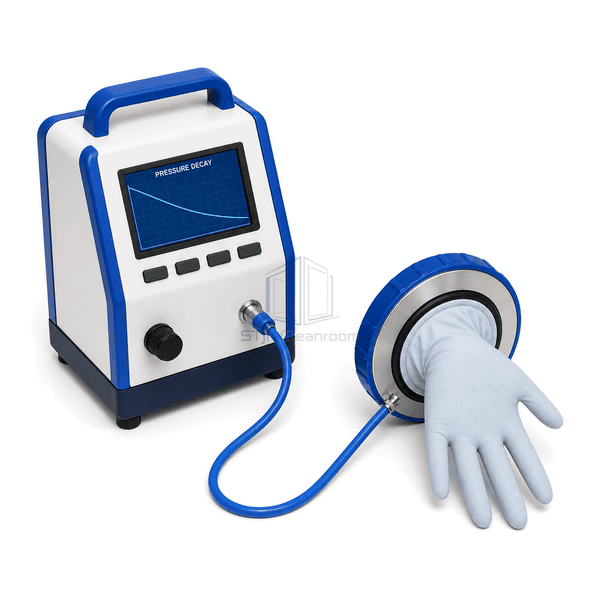 Glove integrity tester horizontal complete-kit view with console, one blue glove, round port adapter and pneumatic line