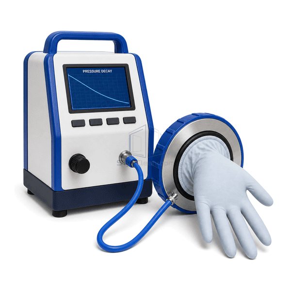 Glove integrity tester glove-port interface view showing the single sealed round adapter, installed glove and quick coupling