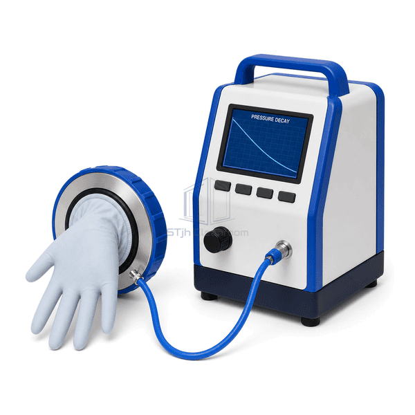 Glove integrity tester side view showing the portable enclosure depth, top handle, battery base and connected blue hose