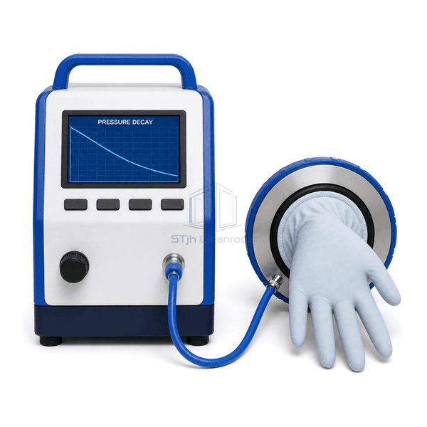Glove integrity tester front-control view showing the touch display, four physical keys, regulator and single quick connection