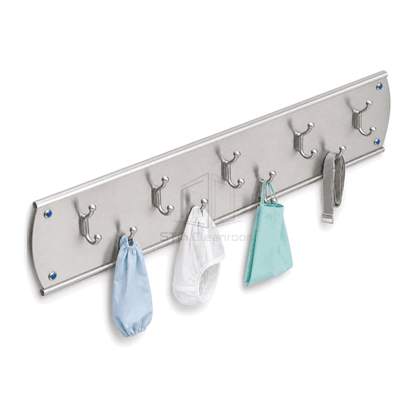 Elevated view of stainless gowning hook spacing and returned edges