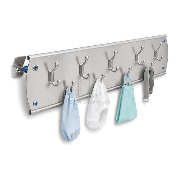 Gowning hook rack connection showing welded hook base concealed fixing and folded backplate