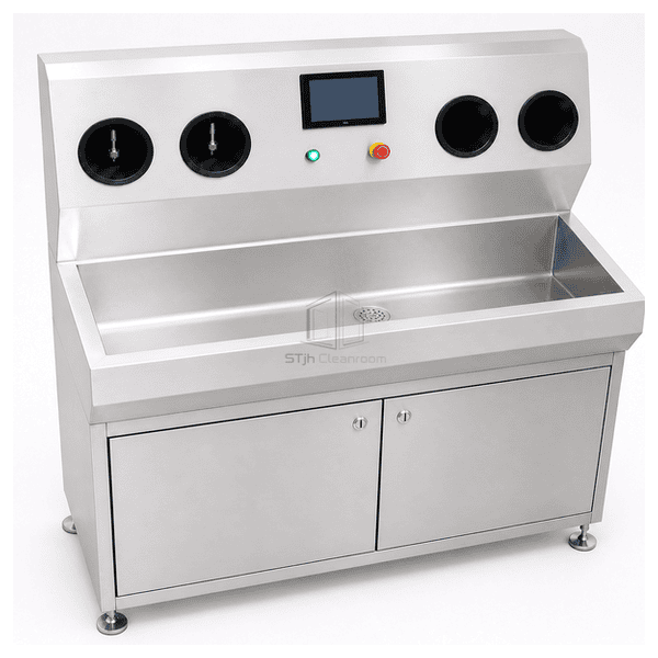 Hand hygiene station interface view showing wash nozzles, sanitizer openings and basin drain