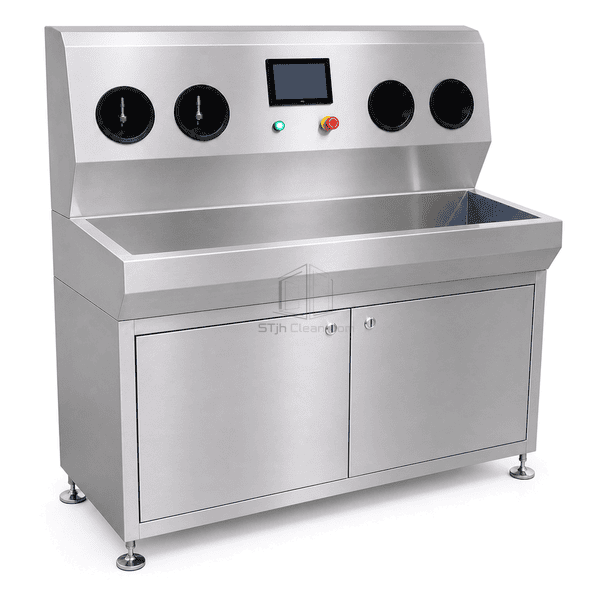 Hand wash and disinfection station side view showing basin depth and service cabinet