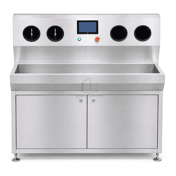 Hand hygiene station front view showing paired wash and disinfection openings
